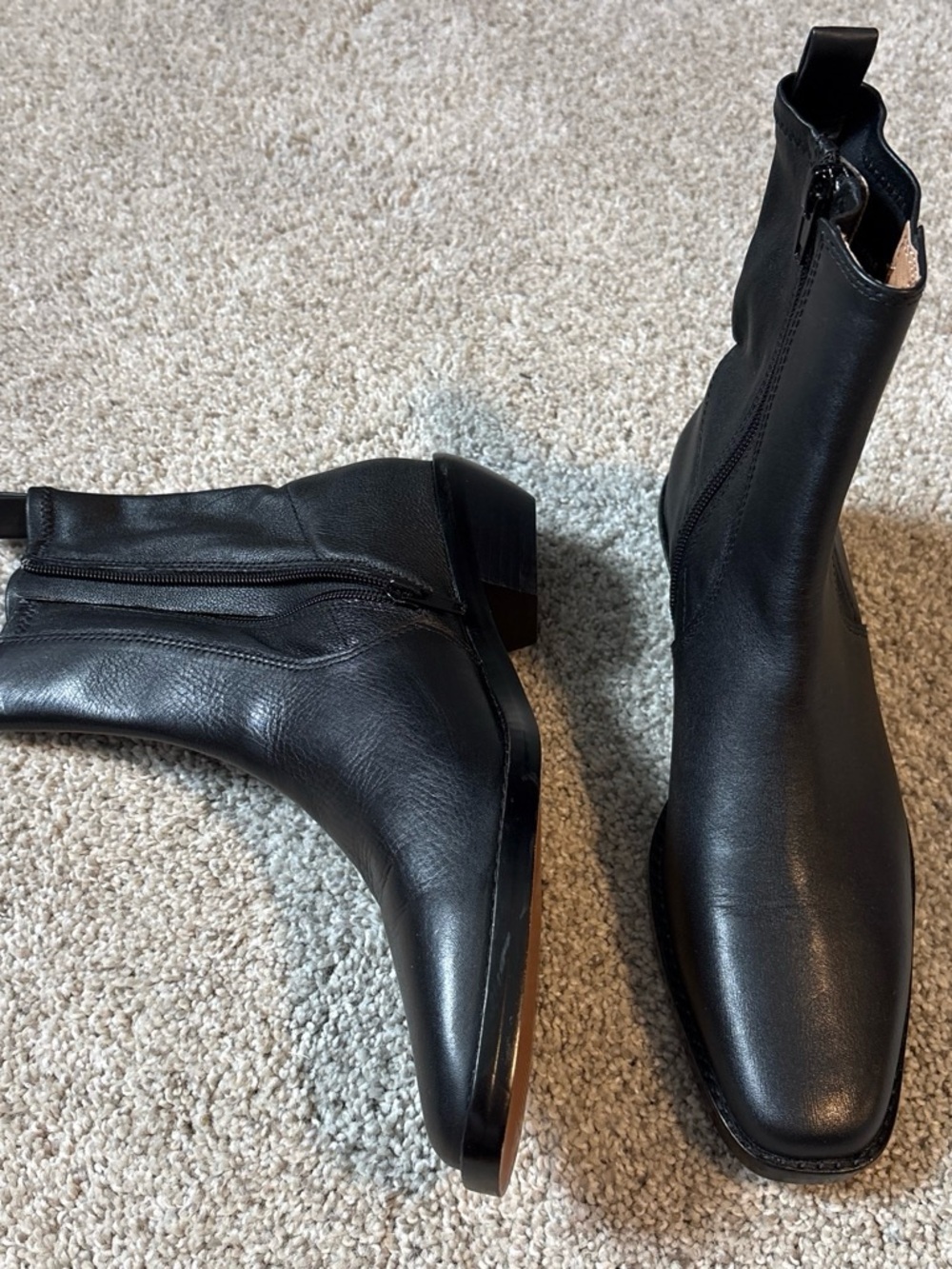 Madewell Black Leather Idris Women's Zip Square-Toe Heeled Boots (New)